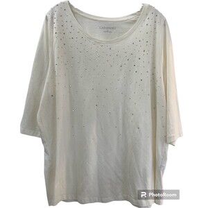 Catherines Womens Size 0X 14/16 Off White Elbow Sleeve Silver Studded Tee Shirt